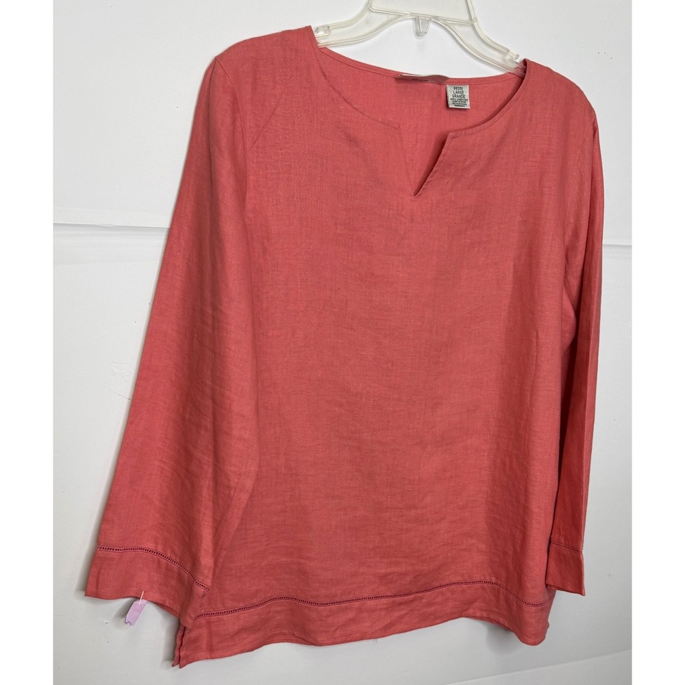 Units Linen Tunic Womens PL Coral Notch Neck Ladder Stitch Summer Office Coastal